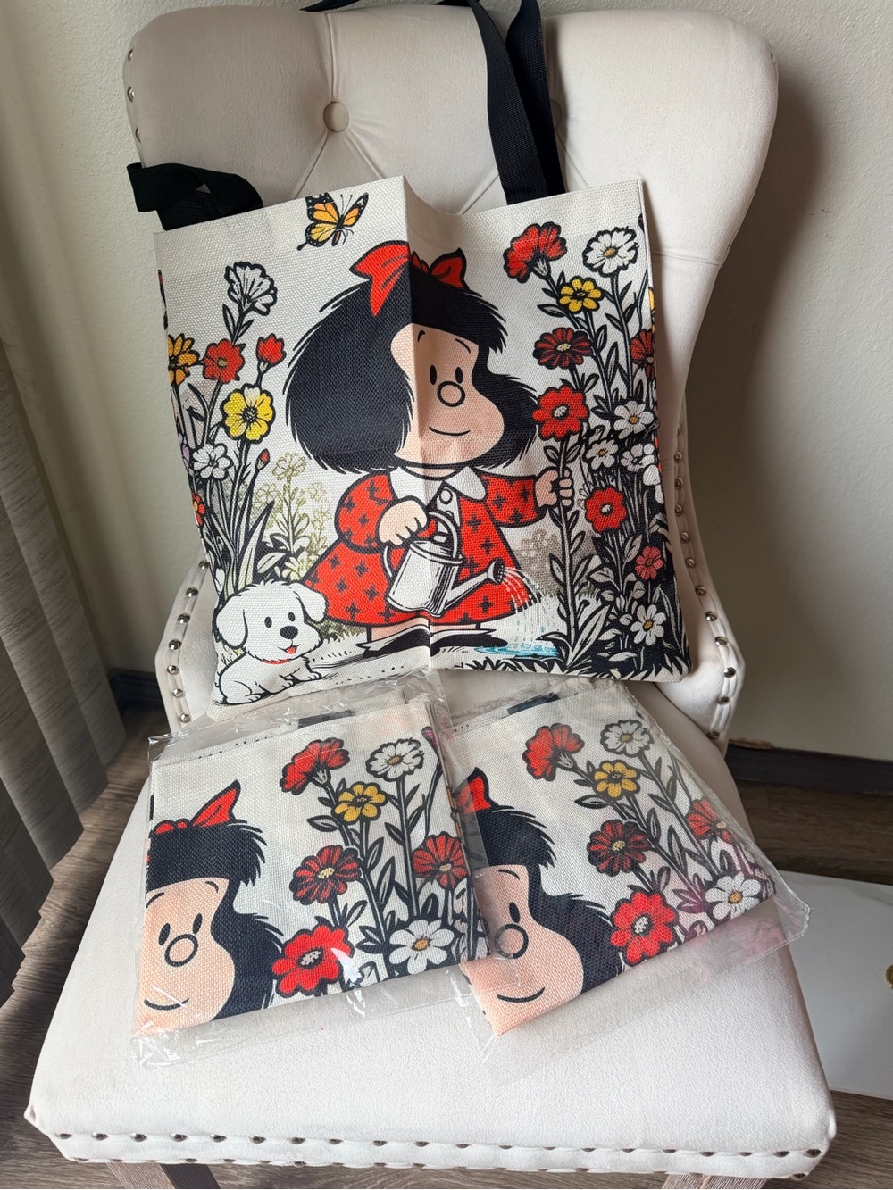 Mafalda Floral Canvas Tote Bag in Cream, Red, Black